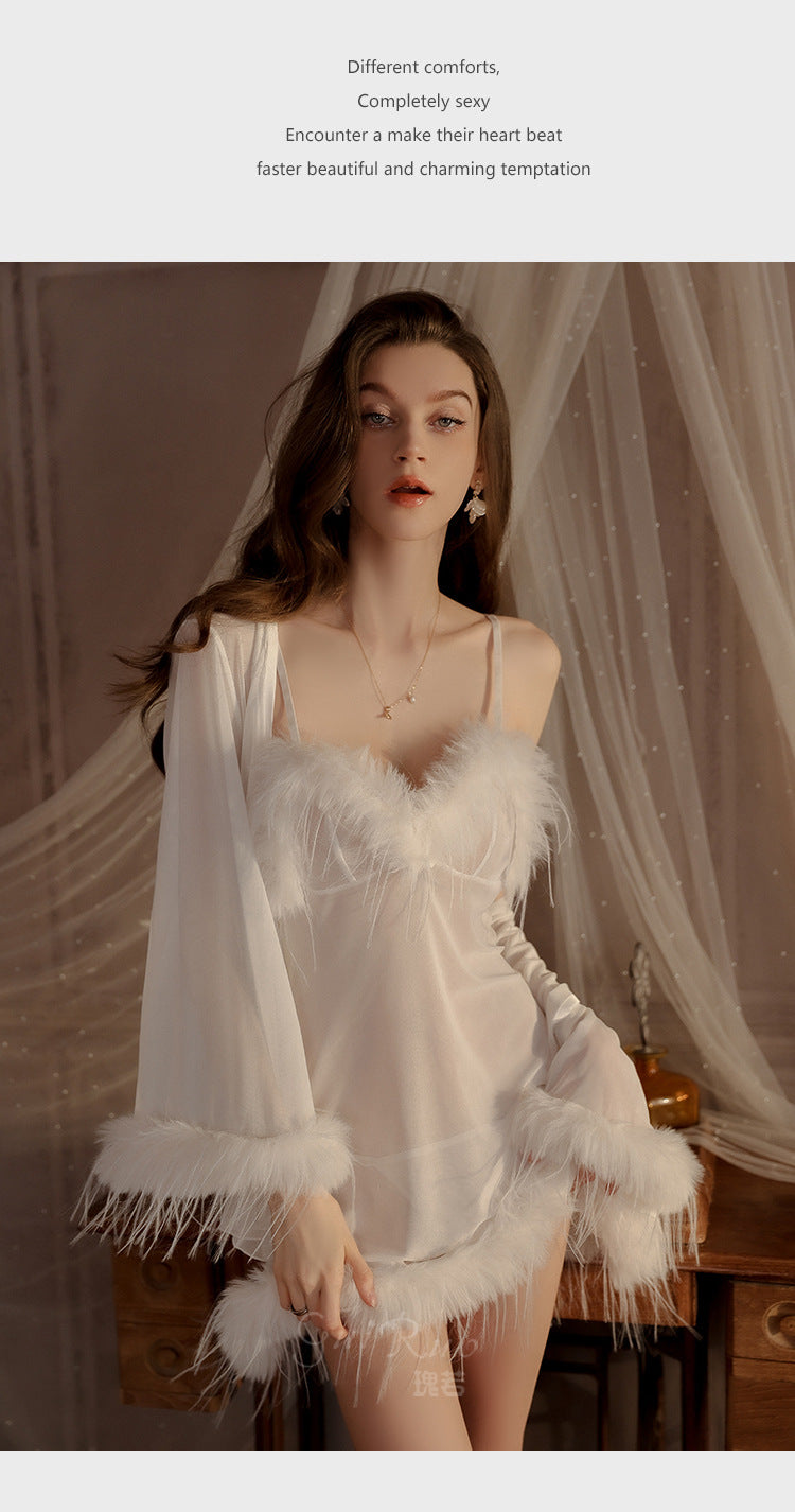 Womens Sexy 3 Piece Fuzzy Lingerie Set Transparent Tulle Nightshirt With Robe and G-String - Seldom Seen Styles