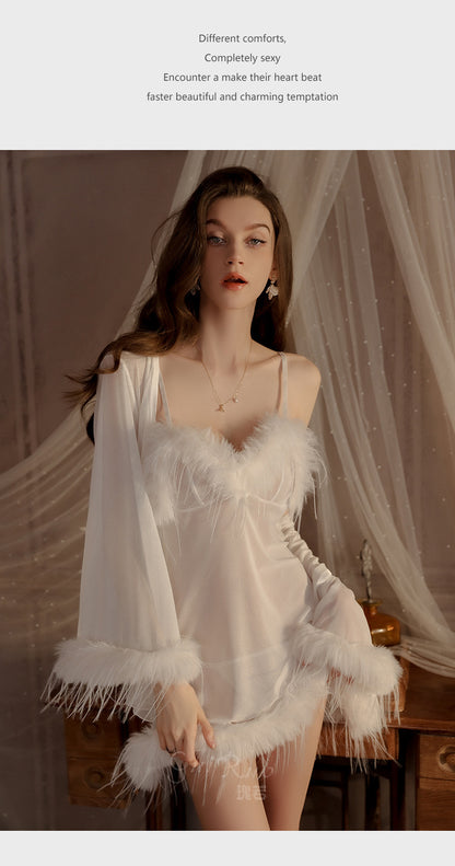 Womens Sexy 3 Piece Fuzzy Lingerie Set Transparent Tulle Nightshirt With Robe and G-String - Seldom Seen Styles