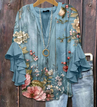 Retro Floral Print Layered Ruffle Sleeve Top Going Outfits Blouses Women Vintage 90s Tops Funny Shirts Women Elegant Classy Tops cute summer outfit - Seldom Seen Styles