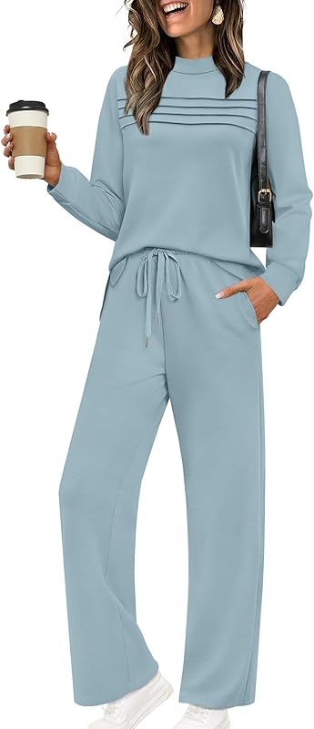 Two Piece Sets for Women Fall Travel Vacation Outfits Long Sleeve Lounge Sets Side Slit Wide Leg Pants S-3XL - Seldom Seen Styles