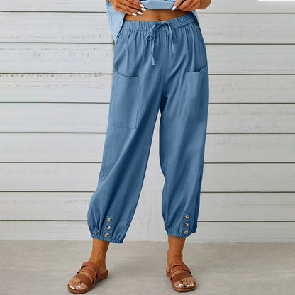 Women's Capri Pants High Waist Drawstring Cinch Bottom with Button Cotton Loose Casual Trouser with Pockets - Seldom Seen Styles
