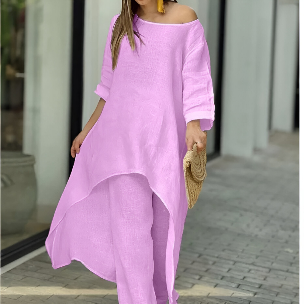 Womens Two Piece Set Dress Suit for Women Long Sleeve Cotton Linen Irregular Solid Crewneck Daily Wear Summer Set - Seldom Seen Styles