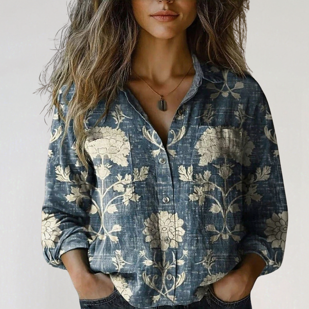 Womens 3/4 Sleeve Shirts Vintage Boho Retro Floral Print Tops Ladies Loose Fit Lightweight V Neck Button Down Blouses - Seldom Seen Styles