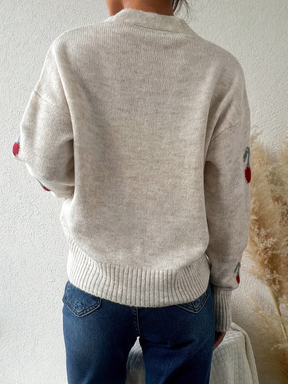 Women's Cherry Pattern Button Front Knitting Longsleeves Cardigan, Casual Elegant Long Sleeve Sweater Cardigan for Fall &amp; Winter, Women's Knit Clothing for Daily Wear, Cardigan for Women, Women's Cardigan, Womenswear, Knitwear, Clothe - Seldom Seen Styles