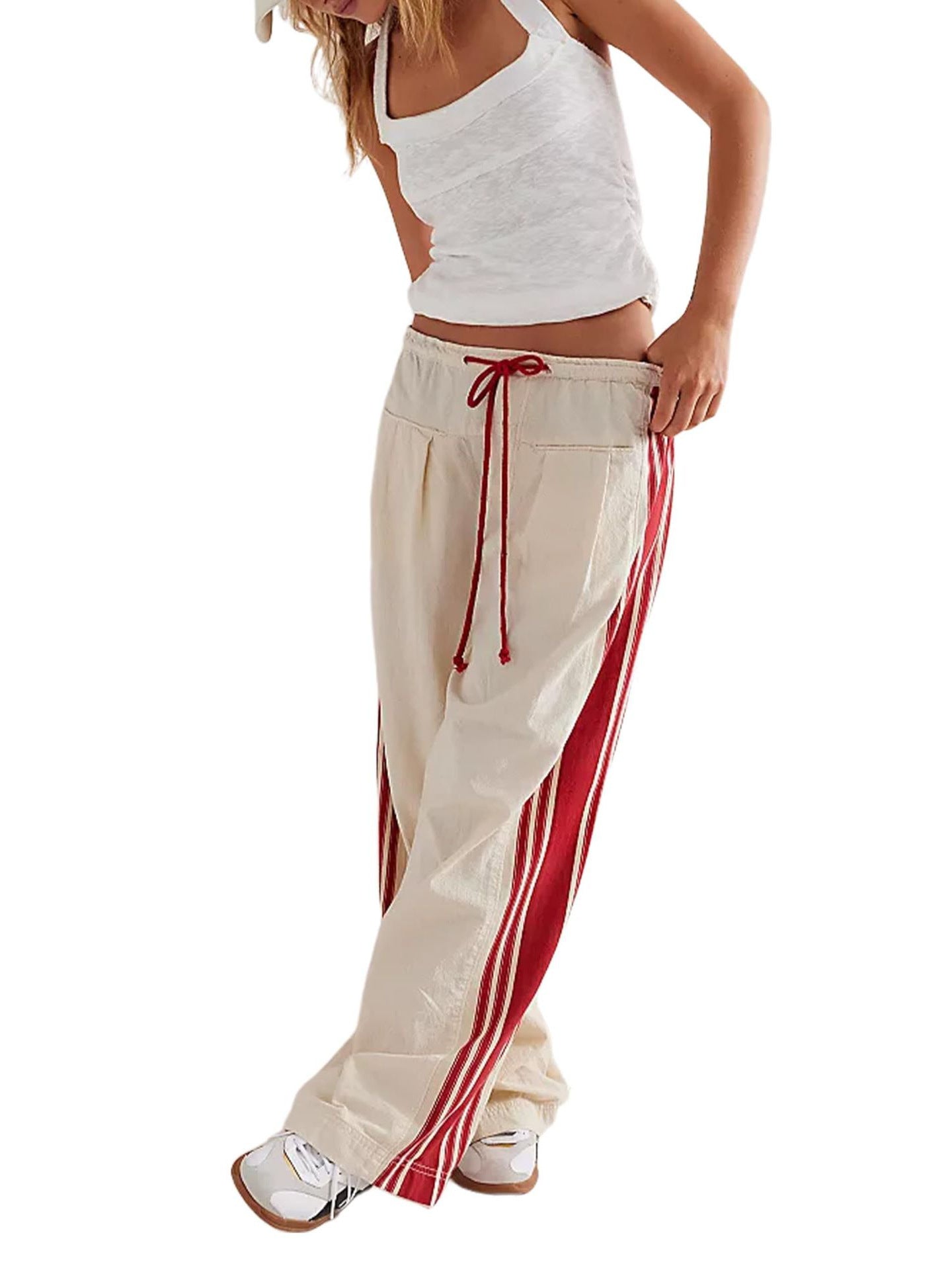 Women's Wide Leg Pants Drawstring High Rise Side Striped Slouchy Palazzo Pants with Pockets - Seldom Seen Styles