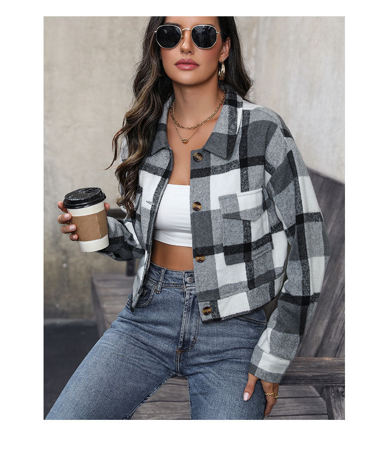 Women's Flannel Cropped Plaid Shacket Jacket Button Down Long Sleeve Shirts Tops