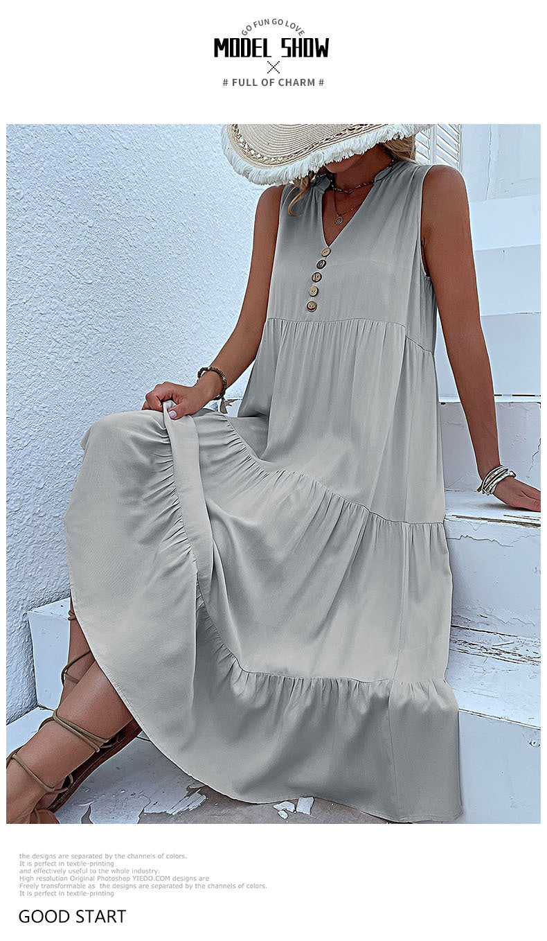 Summer Flowy Maxi Dress with Pockets Sleeveless Loose Casual Sundress V-Neck Tiered Sun Dress for Beach Cruise Vacations