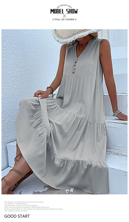 Summer Flowy Maxi Dress with Pockets Sleeveless Loose Casual Sundress V-Neck Tiered Sun Dress for Beach Cruise Vacations