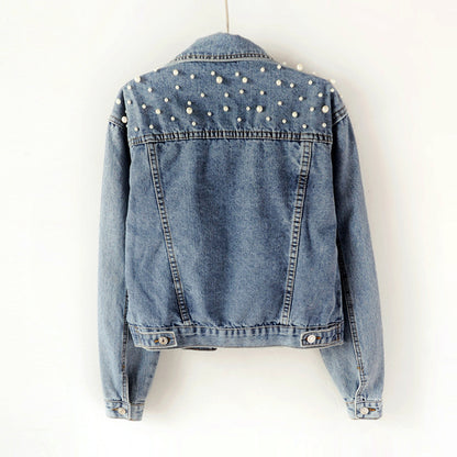 Women's Fashion Loose Embroidered Pearls Beading Cropped Denim Jacket Jean Coat - Seldom Seen Styles