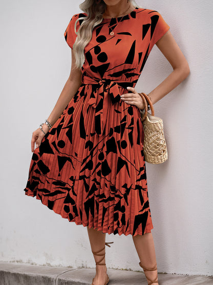 Floral Dress for Women Wedding Guest Crewneck Short Sleeve Casual Summer Dress Tie Waist Midi Flowy Boho Beach Dresses