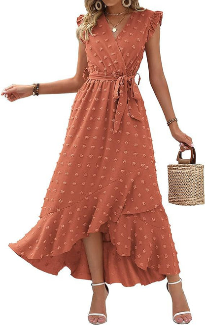 Women's V-Neck Summer Dress 2025 Cap Sleeve Swiss Dot Boho Flowy Ruffle Slit Beach