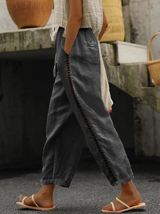 Loose Casual Hollow Out Lace Pockets Drawstring Waist Plain Linen Pants - Seldom Seen Styles