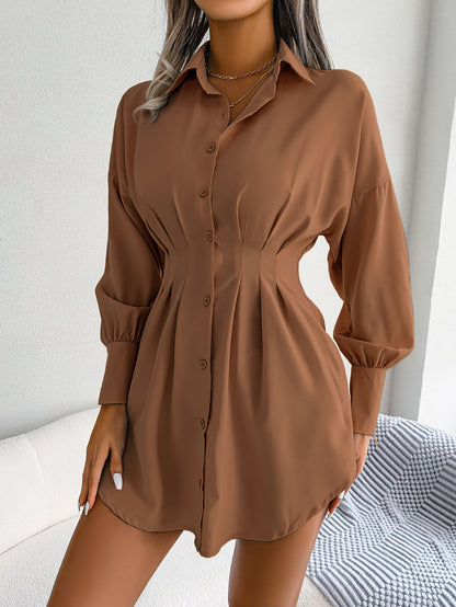 Women's Button Down Shirt Dress, Long Sleeve, Pleated Waist, Multiple Color Options Available - Seldom Seen Styles