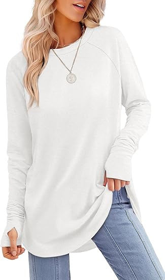Womens Tunic Tops to Wear with Leggings Long Sleeve Thumb Hole Shirts Crew Neck Curved Hem - Seldom Seen Styles