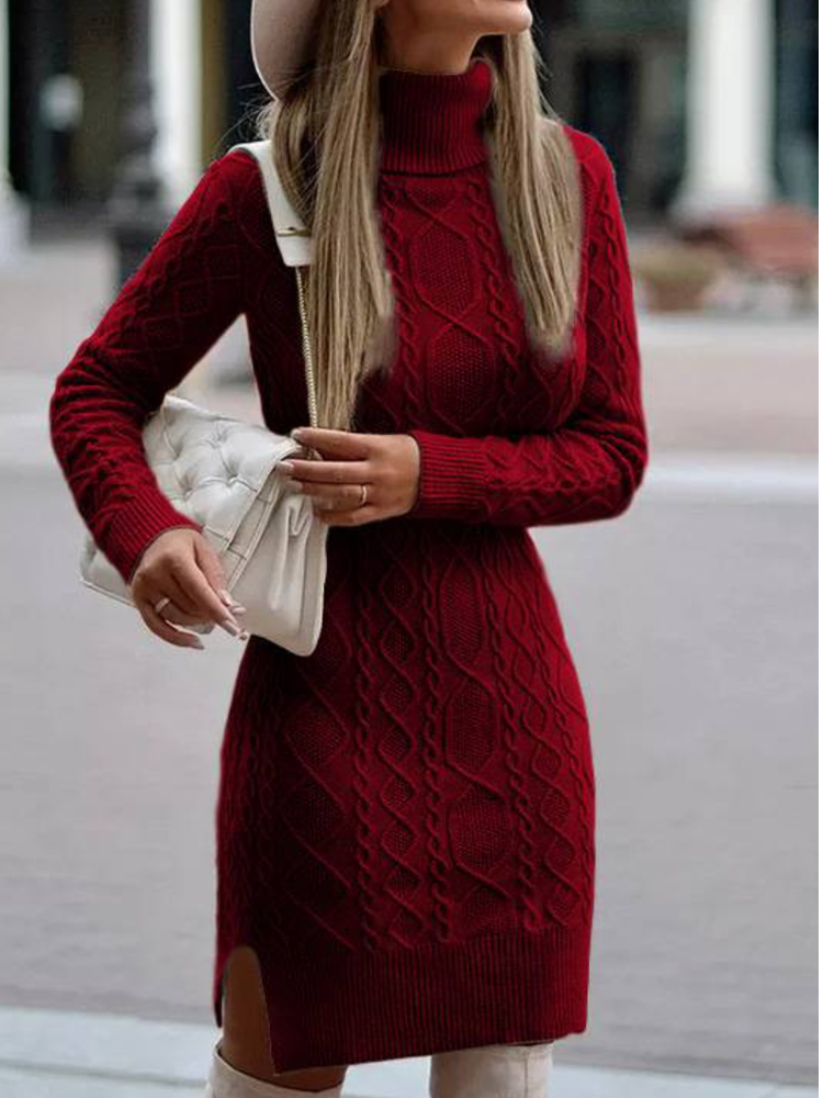 Women Turtleneck Sweater Solid Color Slit Knitted Sweater Dress - Seldom Seen Styles