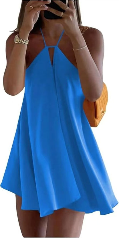 Women's Summer Halter Backless Mini Dress, Sexy A-Line Sleeveless Hollow Out Dress, Beach Vacation Casual Wear, Halloween - Seldom Seen Styles