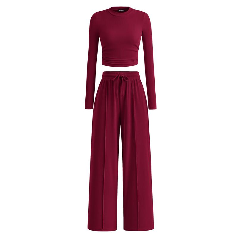 BTFBM 2-Piece Ribbed Knit Long Sleeve Crop Top Wide Leg Pants Matching Lounge Set Loungewear