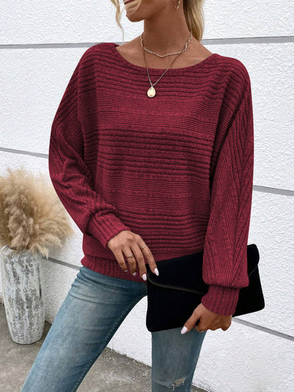 Women's Plain Round Neck Batwing Sleeve Tee, Casual Long Sleeve Crew Neck T-shirt for Fall & Winter, Fashion Aesthetic Ladies' Knit Clothing for Daily Wear - Seldom Seen Styles