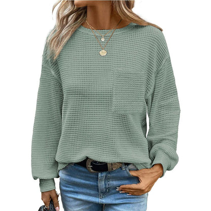 Womens Waffle Knit Tops 2025 Oversized Long Sleeve Crewneck Shirts Business Casual Blouses Basic Shirts - Seldom Seen Styles