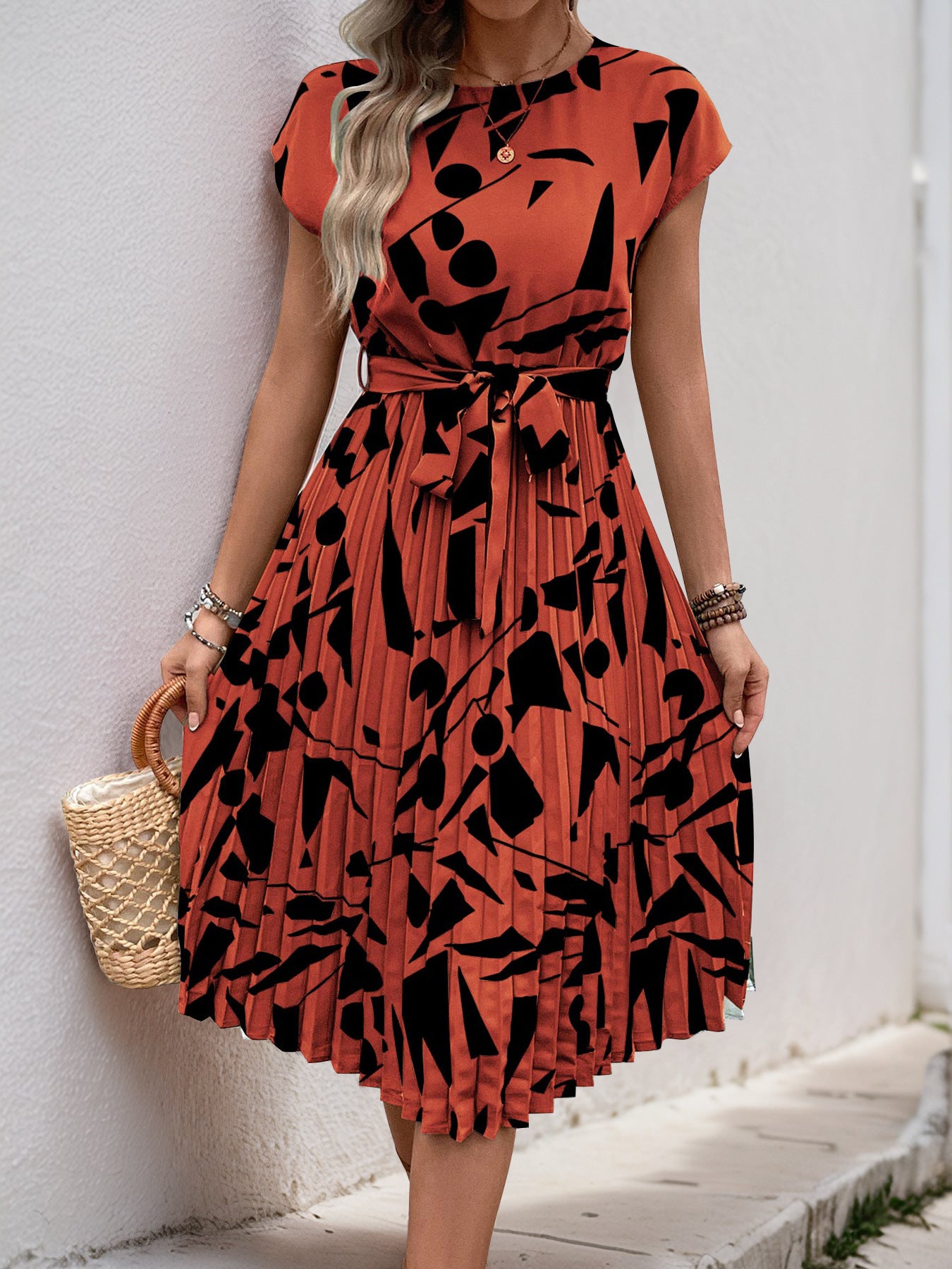 Floral Dress for Women Wedding Guest Crewneck Short Sleeve Casual Summer Dress Tie Waist Midi Flowy Boho Beach Dresses
