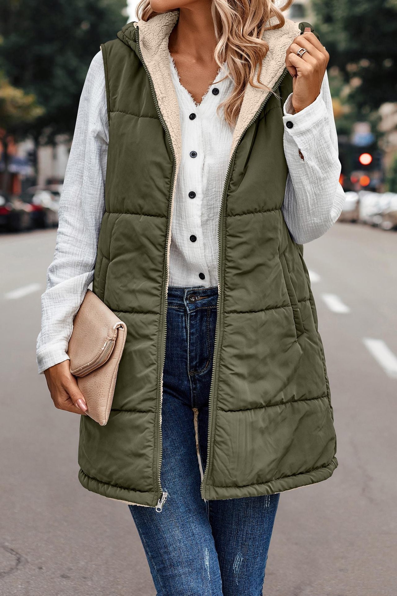 Women's Warm Reversible Vests Sleeveless Fleece Basic Jacket Zip Up Coat Long Outerwear With Pockets And Hoodie Casual Outfit#Hoodieing - Seldom Seen Styles