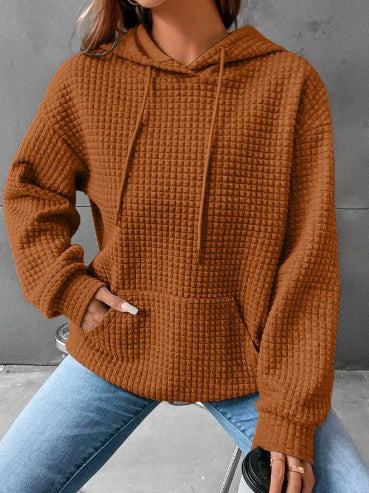 Womens Hoodies Casual Long Sleeve Drawstring Waffle Pullover Tops Loose Hooded Sweatshirt with Pocket - Seldom Seen Styles