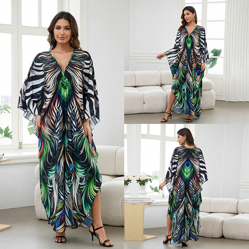 [Plus Size] Butterfly/feather Print Ruched Split Hem Tunic Dress, Valentine's Day Elegant Batwing Sleeve V Neck Long Dress for Summer, Casual Womenswear, Gift, Homecoming Dresses, Women's Clothes for Beach Holiday Vacation, Moo Moo Dresses