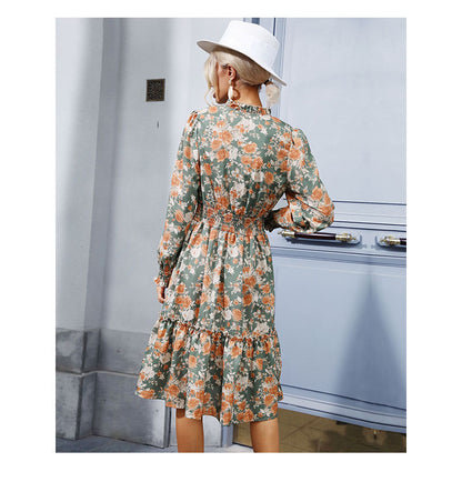 Women's Chiffon Floral Dress V Neck Midi Ruffle Long Sleeve A Line Casual