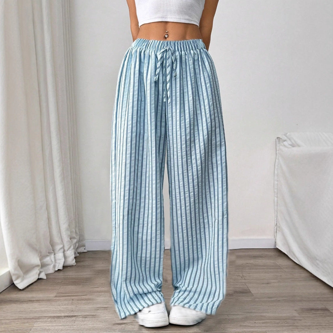 Women's Casual Striped Wide Leg Pants Drawstring Elastic Waist Dress Palazzo Pants with Pockets - Seldom Seen Styles
