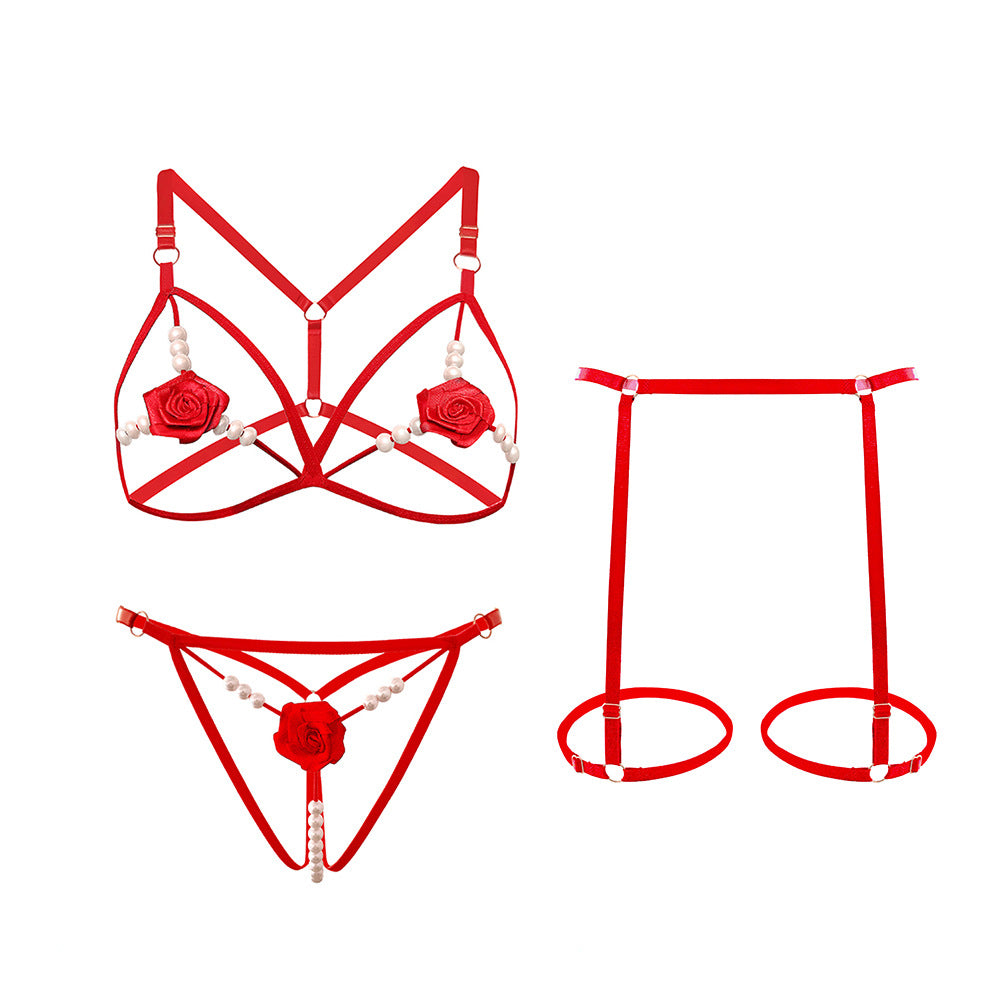 Romantic Rose Embroidered 3-Piece Lingerie Set with Sensory Pearls - T-Back Bra & Thong in 5 Colors - Seldom Seen Styles