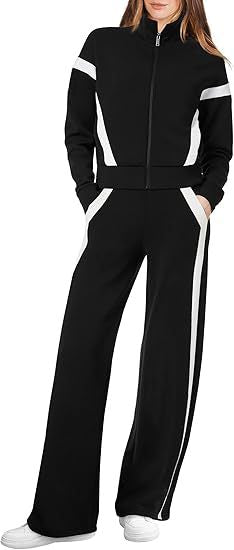 Women's 2 Piece Lounge Outfits Zip Up Sweat Set Contrast Striped Wide Leg Jogging Pants Travel Track Suit - Seldom Seen Styles