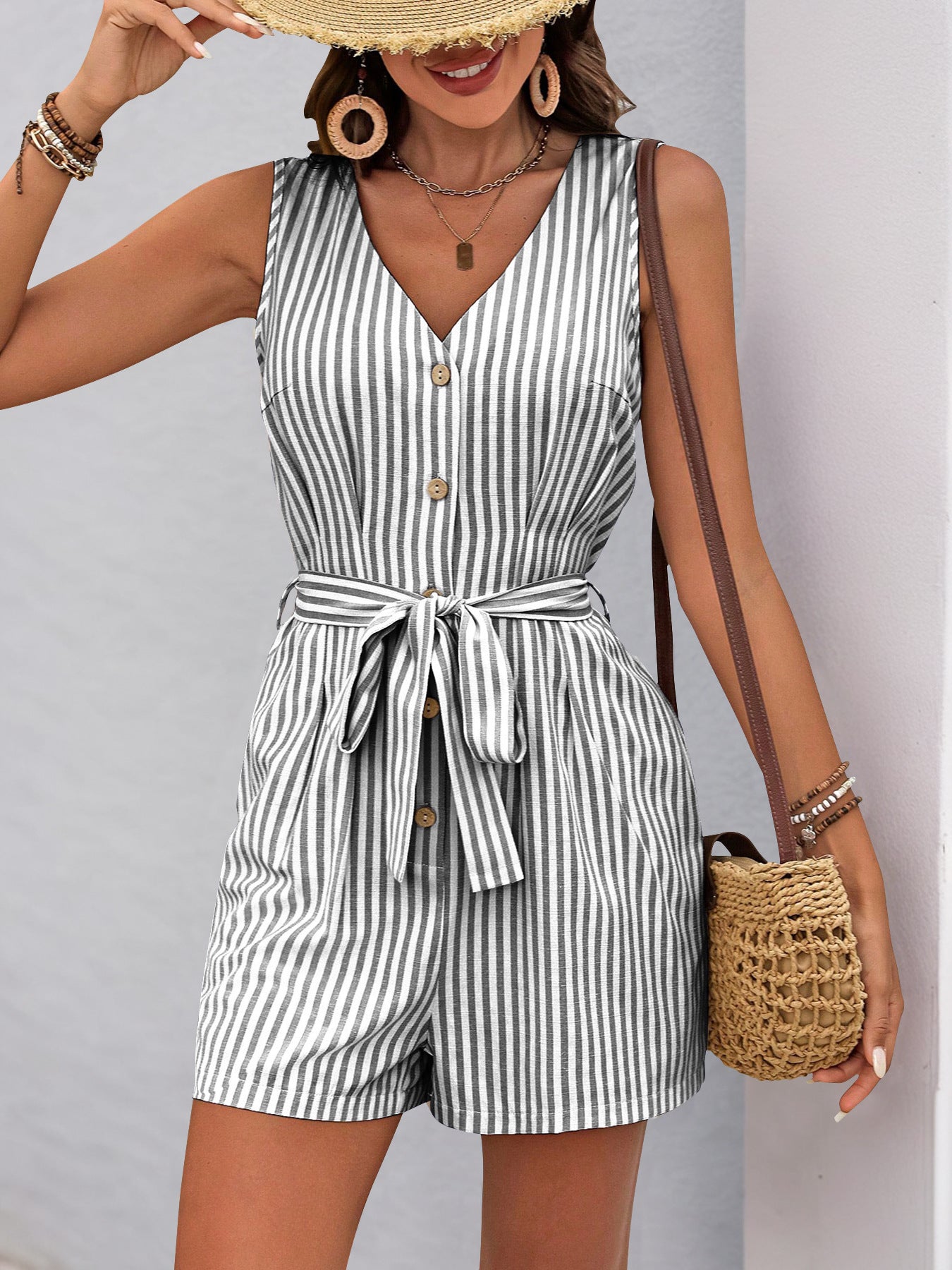 Women's Romper Woven V Neck Sleeveless Waist Tie Wide Leg Stripes Belted Jumpsuit Outfit Casual Dressy