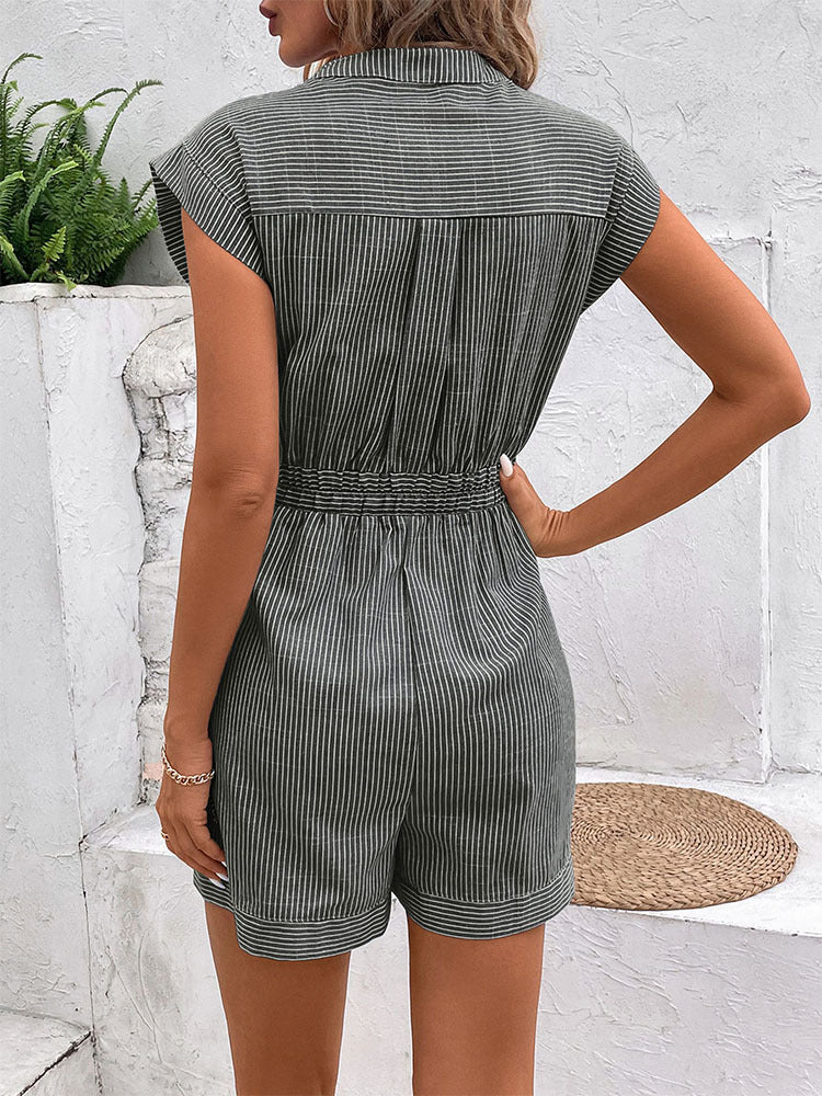 Womens Striped Shorts Romper Dressy Button V Neck Jumpsuits Comfy Business Work Overalls One Piece Jumpsuit w/Pockets
