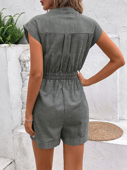 Womens Striped Shorts Romper Dressy Button V Neck Jumpsuits Comfy Business Work Overalls One Piece Jumpsuit w/Pockets