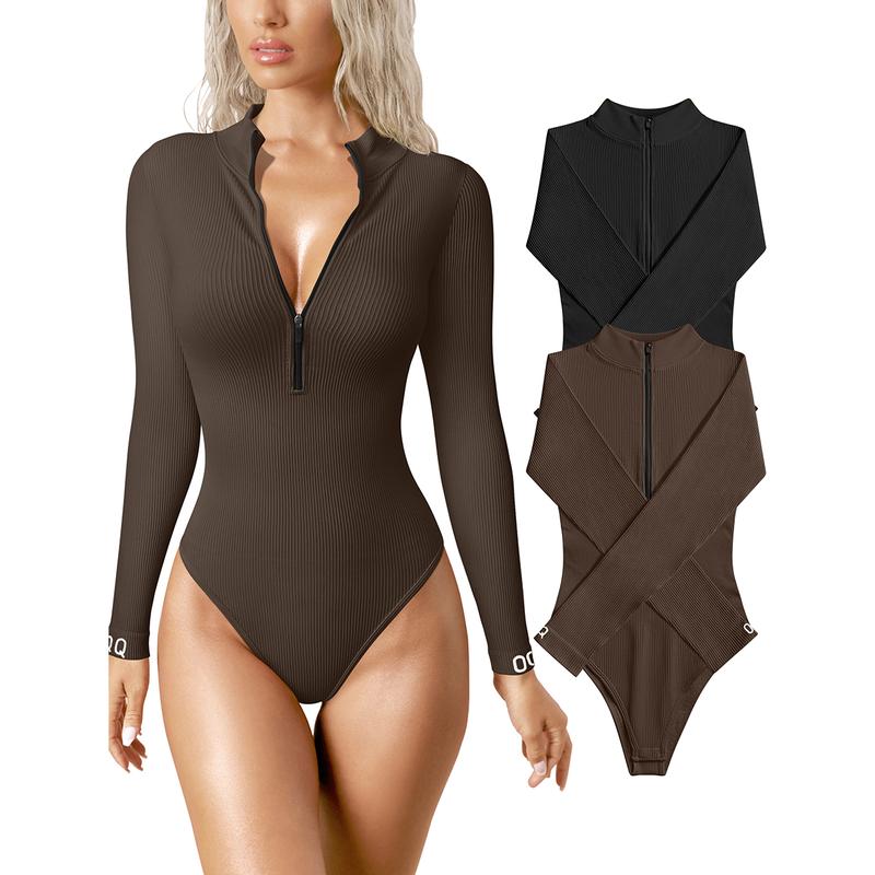 Women's 2 Piece Bodysuits Sexy Ribbed One Piece Zip Front Long Sleeve Tops Bodysuits - Seldom Seen Styles