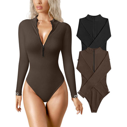 Women's 2 Piece Bodysuits Sexy Ribbed One Piece Zip Front Long Sleeve Tops Bodysuits - Seldom Seen Styles