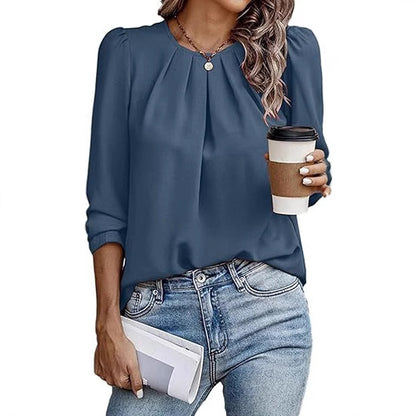 Womens Tops Dressy Casual Pleated Crew Neck Long Sleeve Shirts Office Work Chiffon Blouses - Seldom Seen Styles