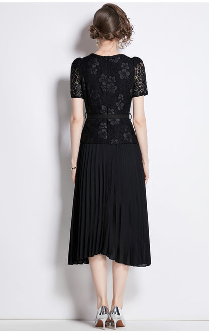 Bella Lace Patchwork Pleated Midi Dress  Patchwork Mid-Length Pleated Dress
