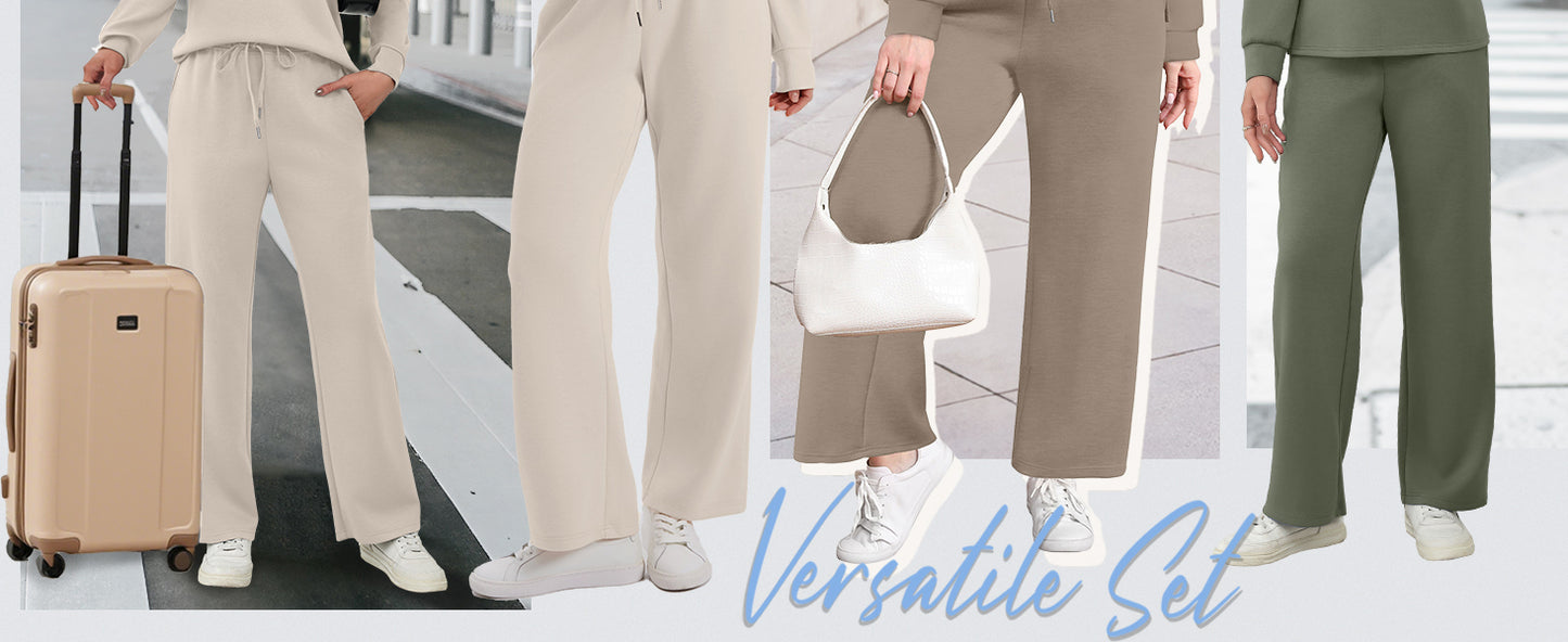 Two Piece Sets for Women Fall Travel Vacation Outfits Long Sleeve Lounge Sets Side Slit Wide Leg Pants S-3XL - Seldom Seen Styles