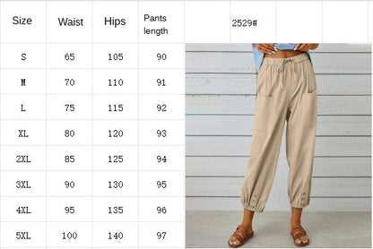 Women's Capri Pants High Waist Drawstring Cinch Bottom with Button Cotton Loose Casual Trouser with Pockets - Seldom Seen Styles