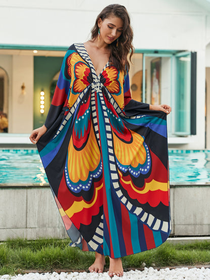 [Plus Size] Butterfly/feather Print Ruched Split Hem Tunic Dress, Valentine's Day Elegant Batwing Sleeve V Neck Long Dress for Summer, Casual Womenswear, Gift, Homecoming Dresses, Women's Clothes for Beach Holiday Vacation, Moo Moo Dresses