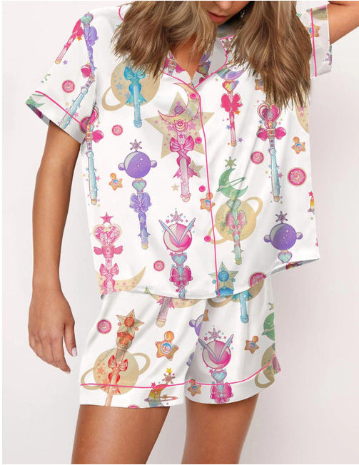 Moon Princess Sailor Guardians Wand Satin Pajama Set For Women Print Comfy Satin Sleepwear & Loungewear Pjs Printing Silky Top & Bottoms - SHESHOW