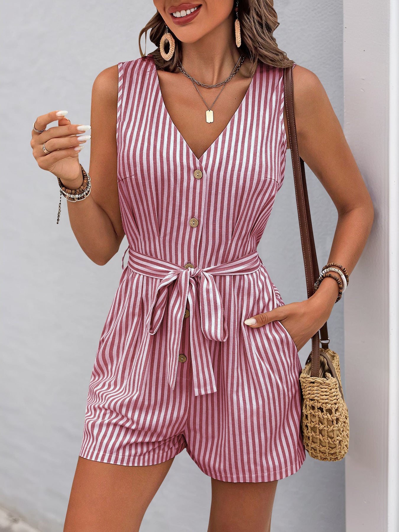 Women's Romper Woven V Neck Sleeveless Waist Tie Wide Leg Stripes Belted Jumpsuit Outfit Casual Dressy