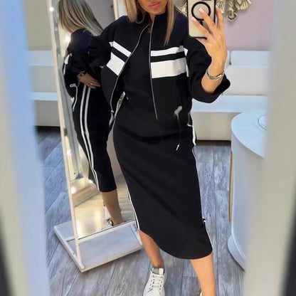 Olive Green Two Piece Skirt Set for Women – Casual Chic Midi Dress with Zip-Up Long Sleeve Jacket - Seldom Seen Styles