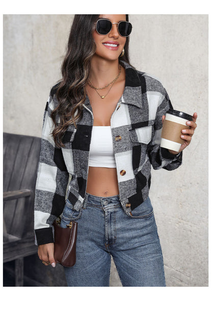 Women's Flannel Cropped Plaid Shacket Jacket Button Down Long Sleeve Shirts Tops