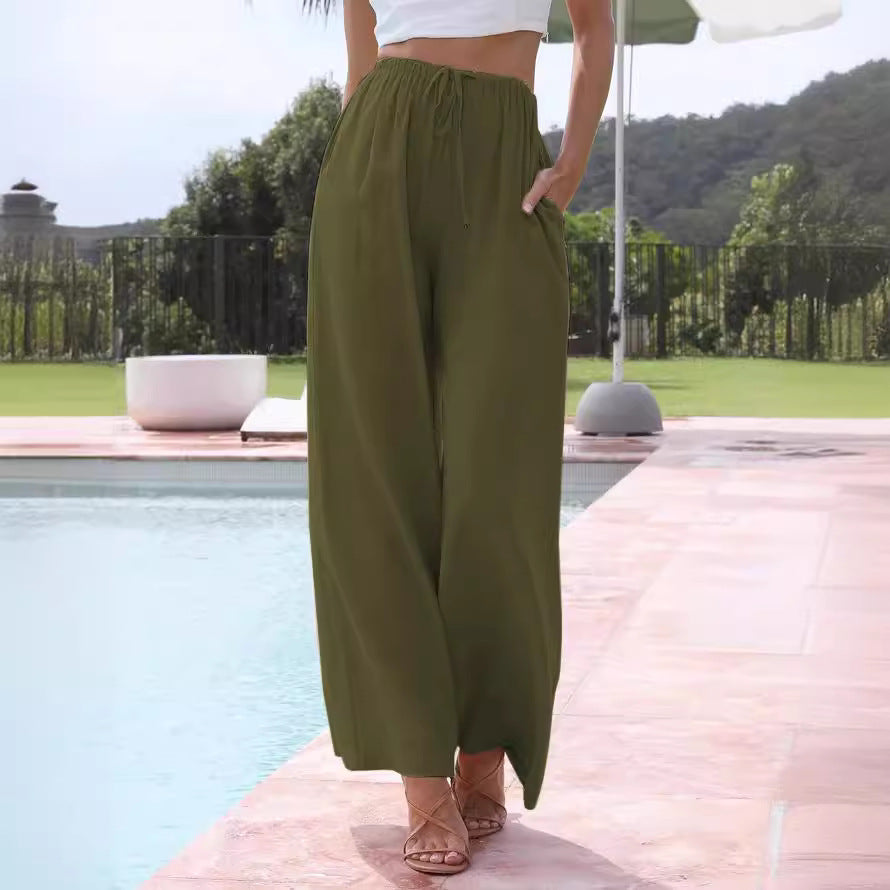 Women's Linen Summer Palazzo Pants Flowy Wide Leg Beach Pants with Pockets - Seldom Seen Styles