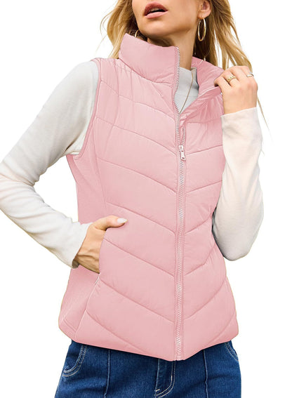 Puffer Vest Women Sleeveless Zip Up Outerwear Stand Collar Quilted Vest Warm Winter Jackets Coats with Pocket