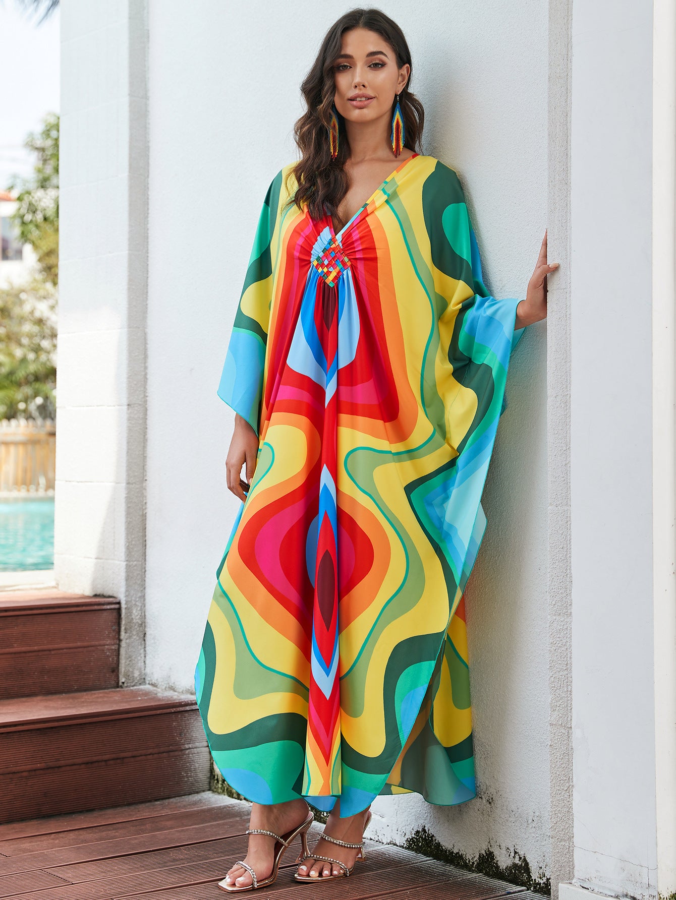 [Plus Size] Butterfly/feather Print Ruched Split Hem Tunic Dress, Valentine's Day Elegant Batwing Sleeve V Neck Long Dress for Summer, Casual Womenswear, Gift, Homecoming Dresses, Women's Clothes for Beach Holiday Vacation, Moo Moo Dresses