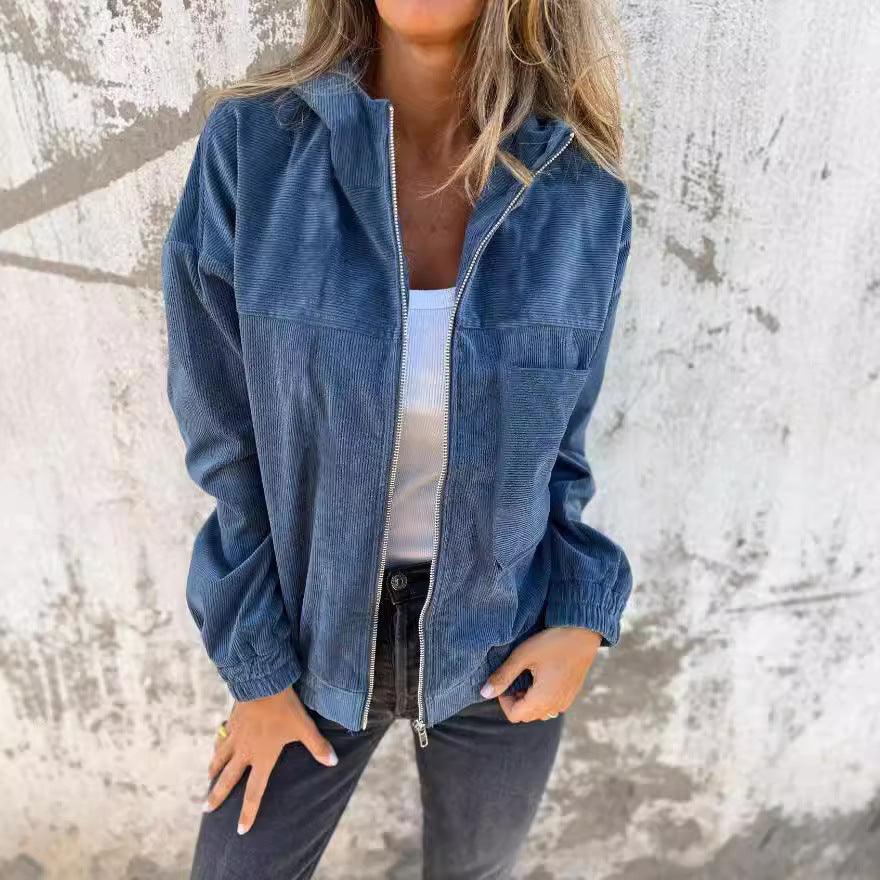Corduroy Drawstring Hooded Pocket Zip Up Jacket Loose Shacket Coat - Seldom Seen Styles