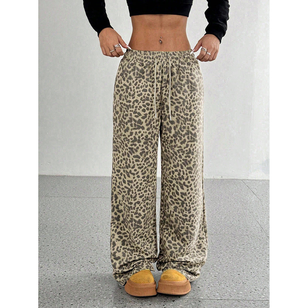 Women's Letter Leopard Print Straight Leg Pants Elastic Waist Y2K Trousers Bottoms with Pockets - Seldom Seen Styles
